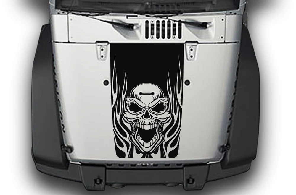 Fire Skull Hood Graphics Vinyl Decals Compatible with Jeep JK Wrangler 2007-2018