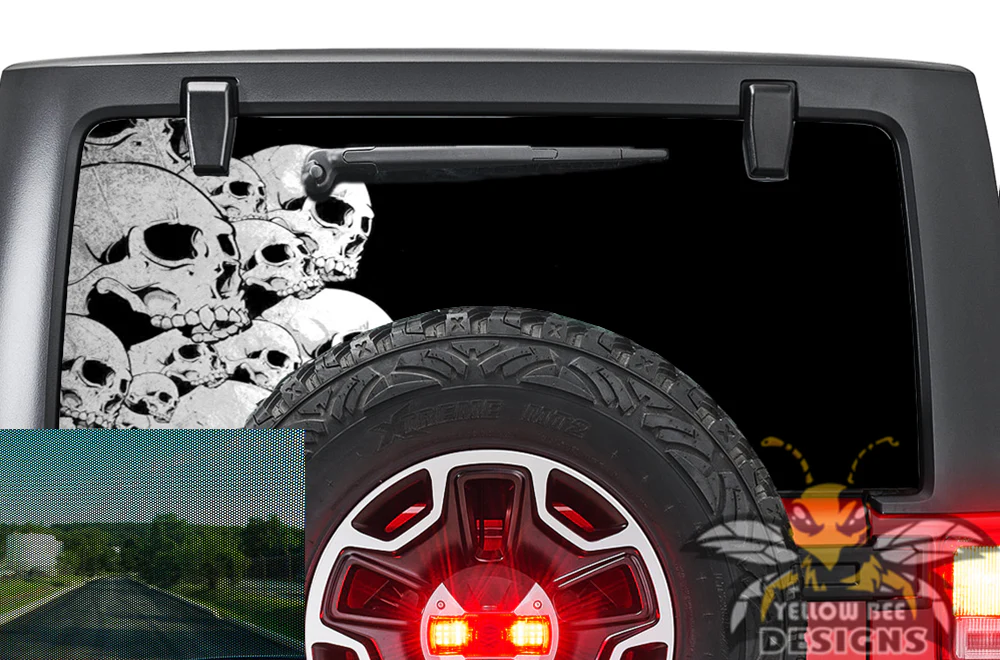 Perforated Black Skulls Rear Window Decal Compatible with JK Wrangler - Image 2