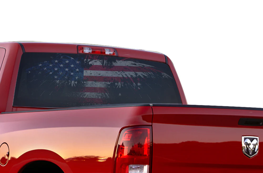 Perforated Eagle Flag USA Rear Window Decal Compatible with Dodge Ram 1500, 2500, 3500