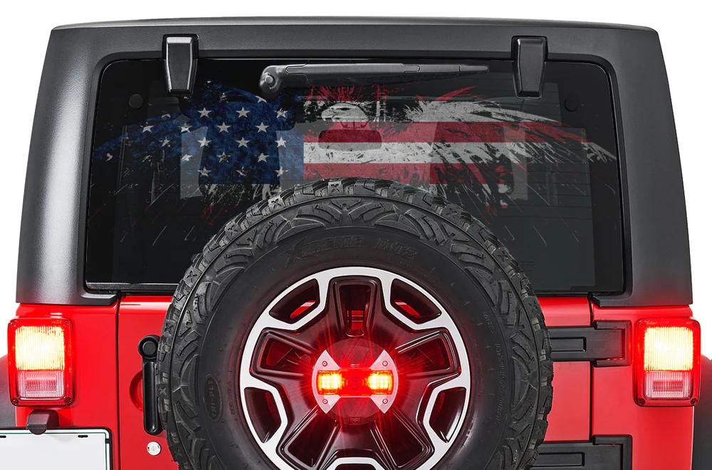 Perforated Eagle Flag USA Rear Window Decal Compatible with JK Wrangler