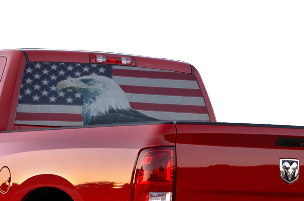Perforated Eagle USA Flag Rear Window Decal Compatible with Dodge Ram 1500, 2500, 3500