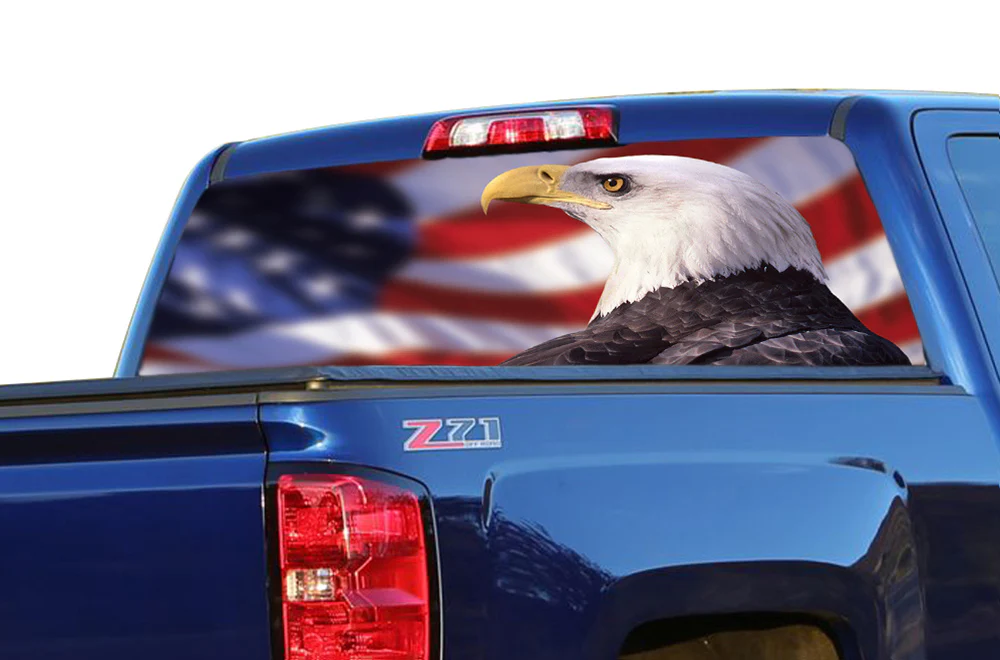 Perforated Rear Window US Flag Eagle Decal Compatible with Chevrolet Silverado