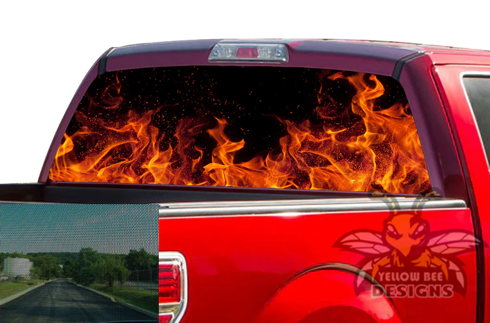Perforated Red Flames Rear Window Decal Compatible with Ford F150 - Image 2