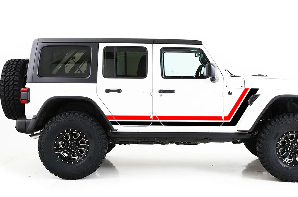 Retro Stripes Graphics Vinyl Decals (Red - Black) Compatible with Jeep JL Wrangler