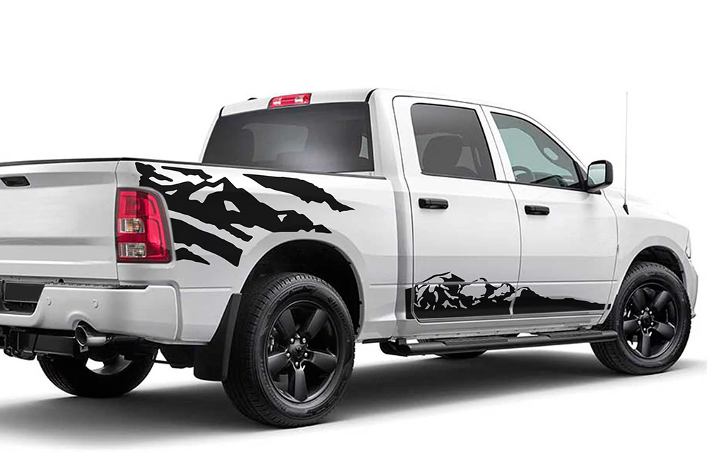 Side Rocker & Bed Mountains Graphics Vinyl Decals Compatible with Dodge Ram Crew Cab 1500