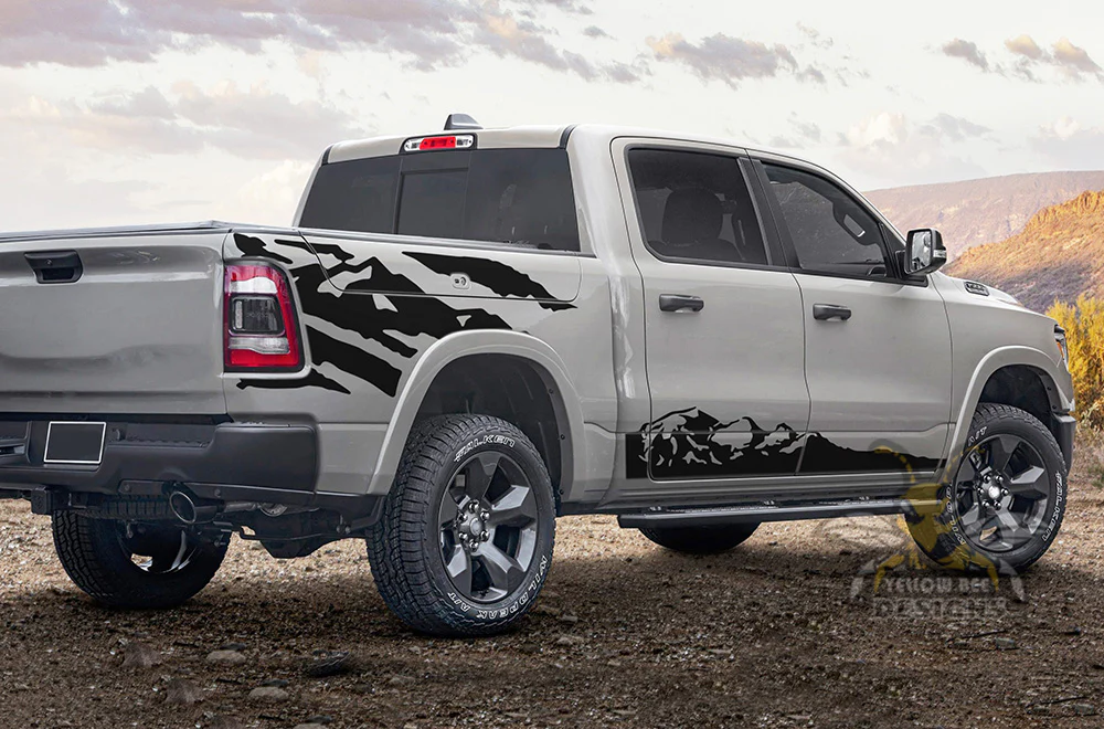 Side Rocker & Bed Mountains Graphics Vinyl Decals Compatible with Dodge Ram Crew Cab 1500 - Image 2