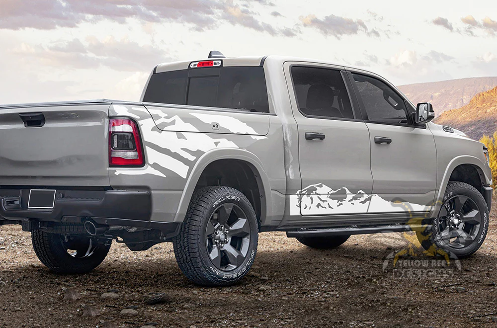 Side Rocker & Bed Mountains Graphics Vinyl Decals Compatible with Dodge Ram Crew Cab 1500 - Image 4