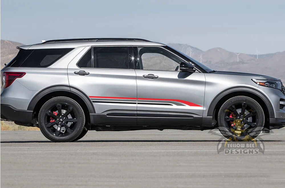 Triple Stripes Black Grey Red Graphics Vinyl Decals Compatible with Ford Explorer - Image 2